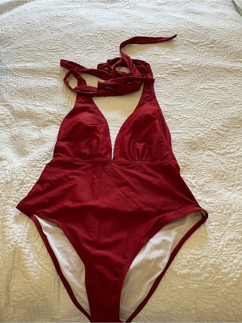 Deep V One-Piece Swimsuit in Wine Red